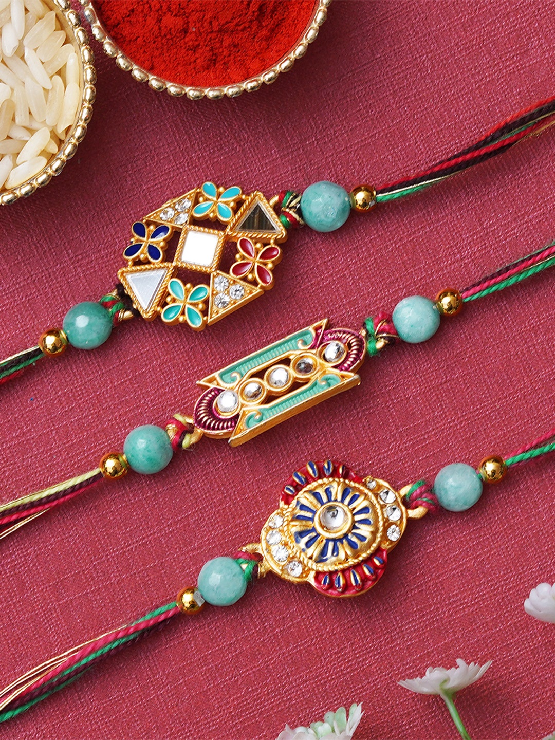 

eCraftIndia Set of 3 Kundan-Studded Designer Rakhis with Roli & Chawal, Red