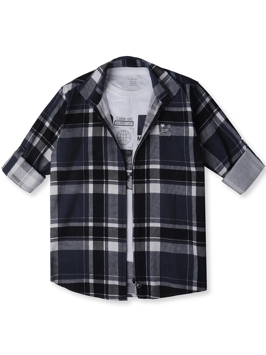 

CAVIO Boys Spread Collar Checked Cotton Casual Shirts & T-Shirt, Black