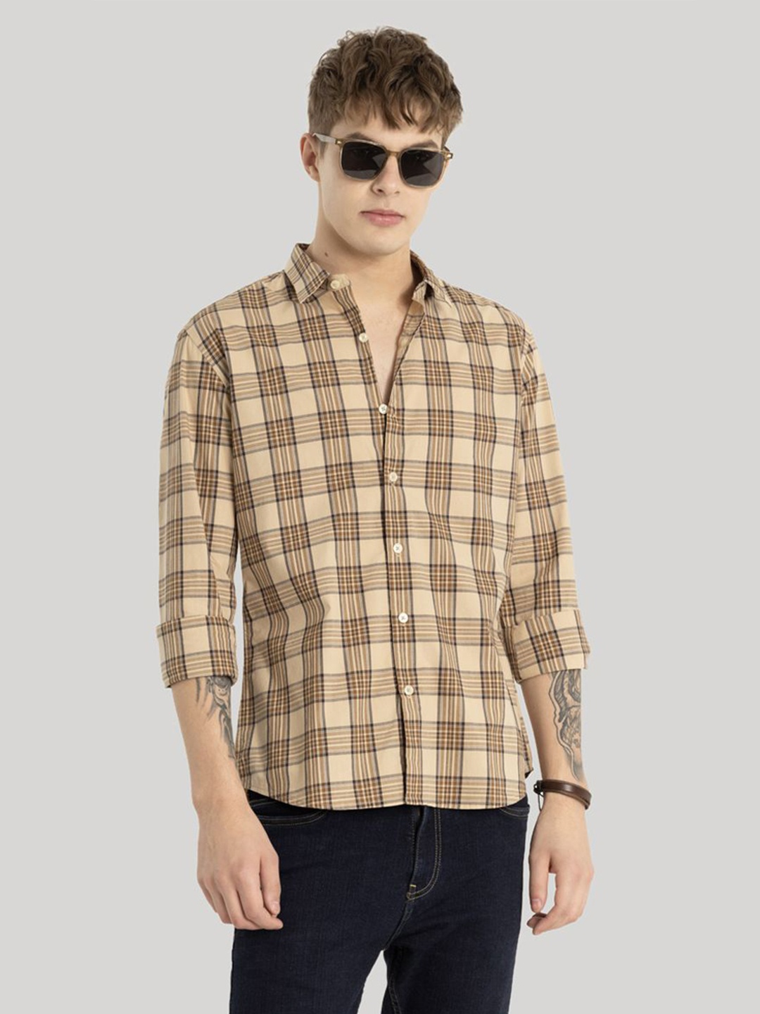 

Snitch Men Smart Slim Fit Tartan Checks Opaque Checked Casual Shirt, Beige