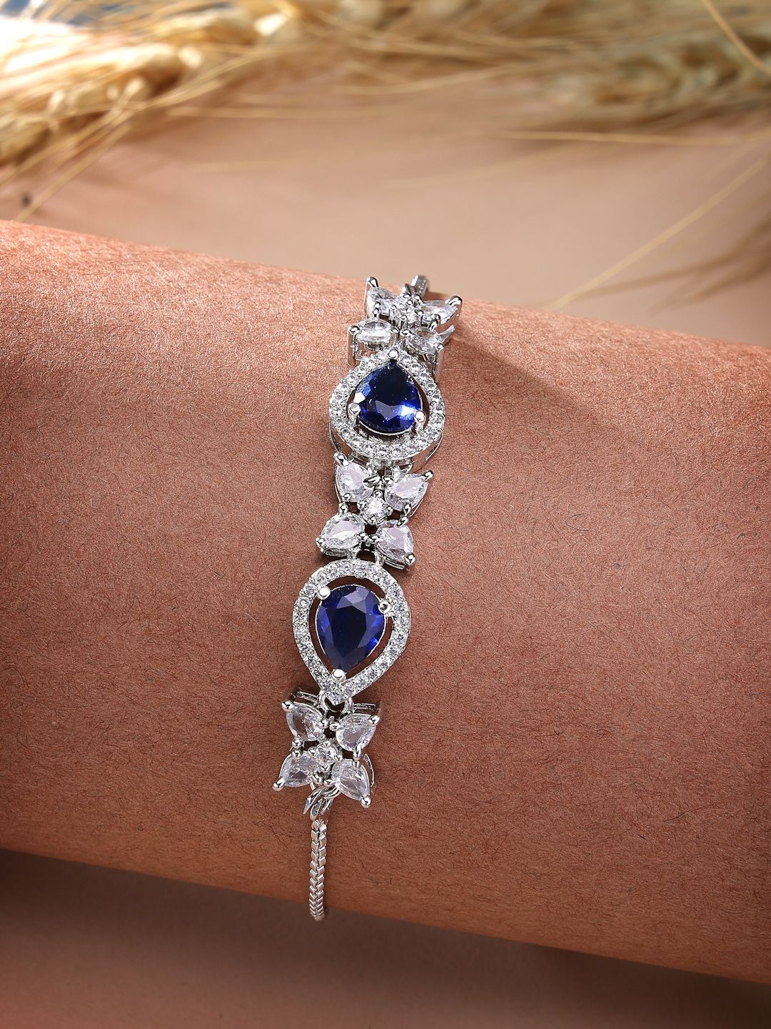 

ZENEME Brass American Diamond Rhodium-Plated Wraparound Bracelet, Silver