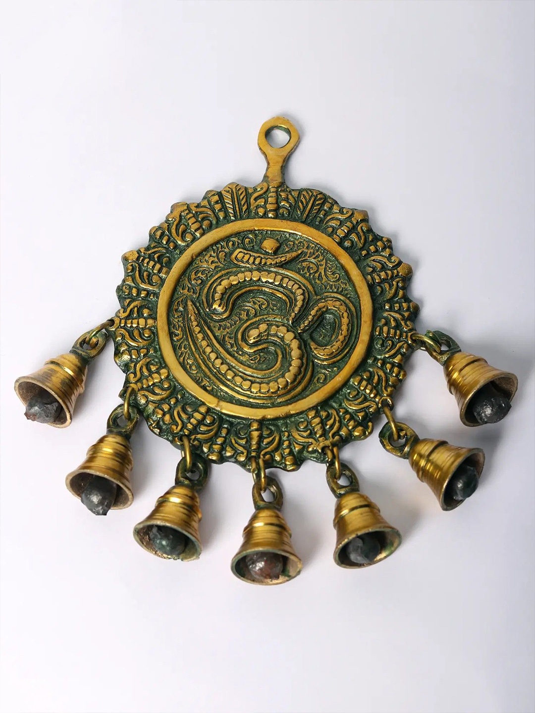 

Exotic India 9" Brass OM (AUM) Wall Hanging with Bells, Green
