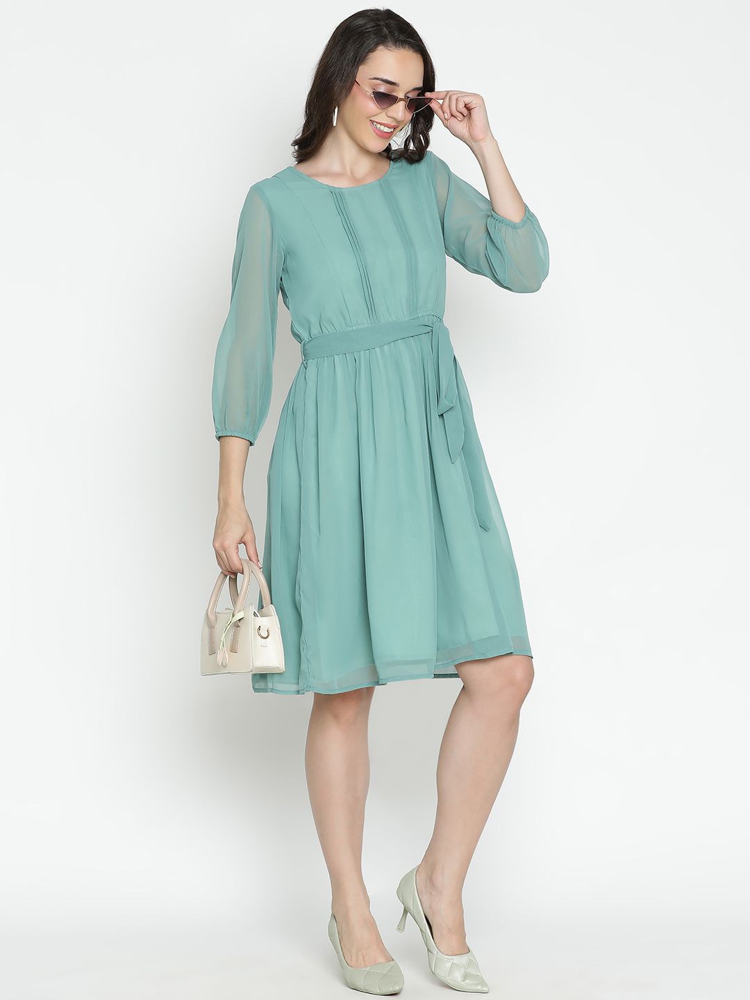 

DRAAX Fashions Puff Sleeve Fit & Flare Dress, Green