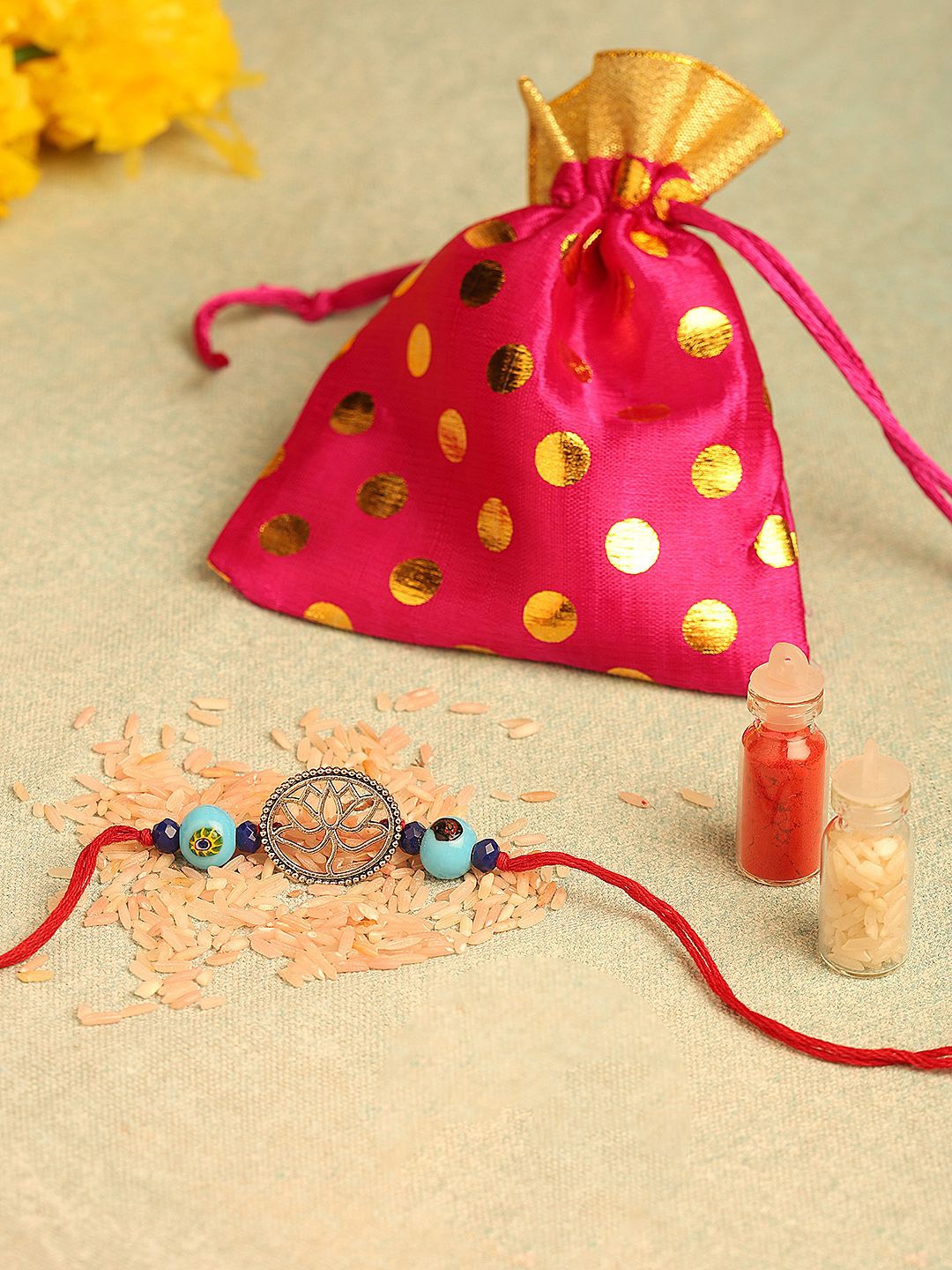 

Sangria Lotus Charm Thread Rakhi With Roli Chawal, Red