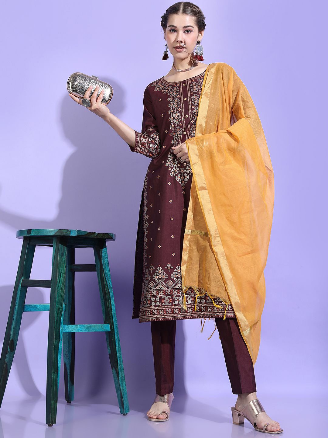 

Vishudh Women Ethnic Motifs Printed Regular Kurta with Palazzos & With Dupatta, Burgundy