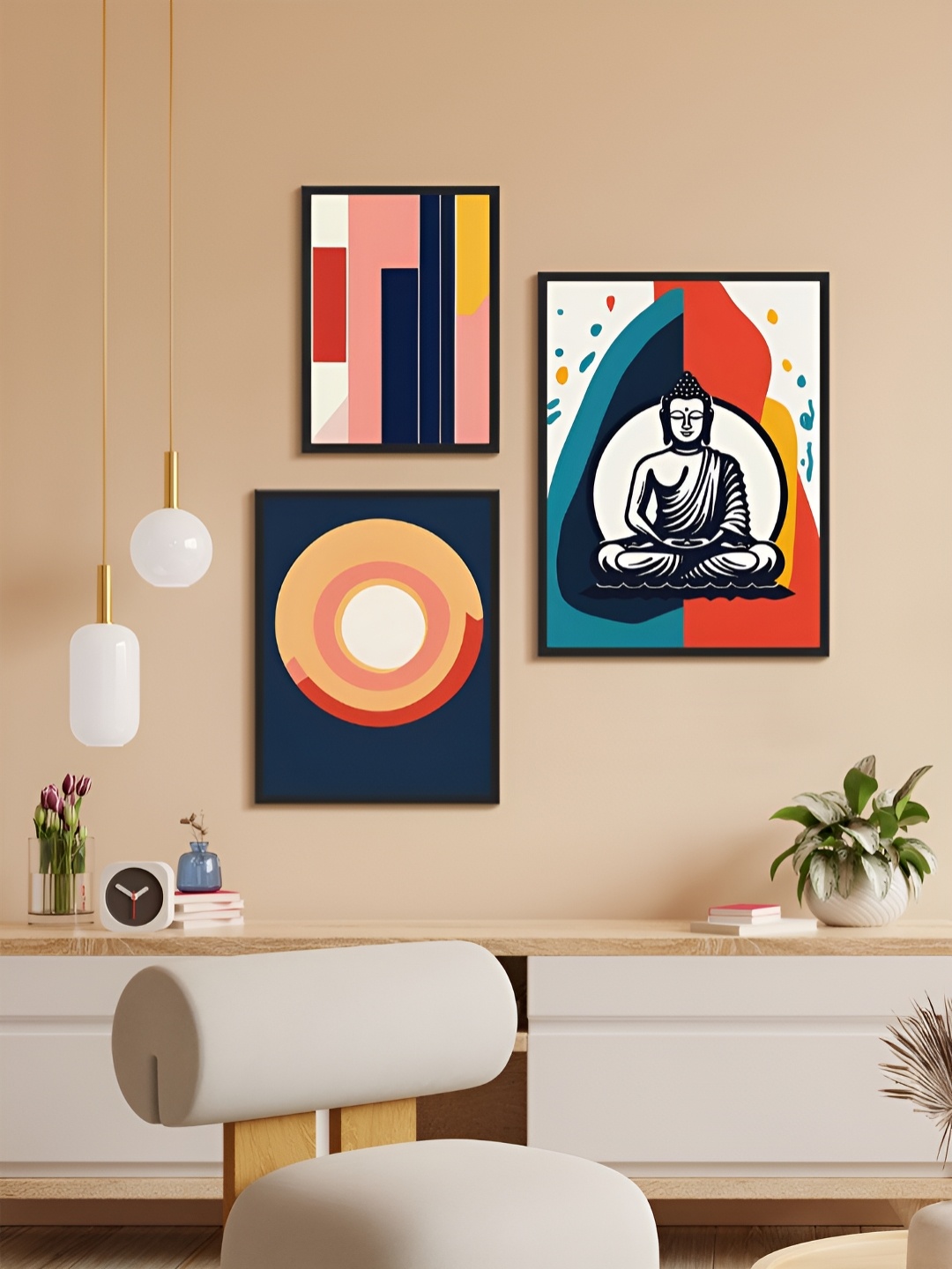 

999Store White & Red 3 Piece Paper Religious Wall Paintings