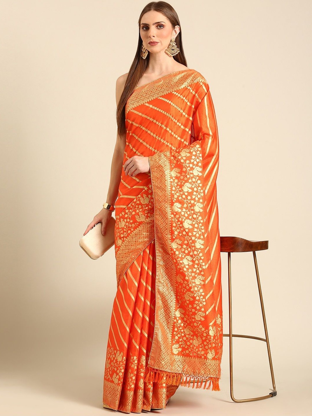 

all about you Striped Printed Zari Saree, Orange