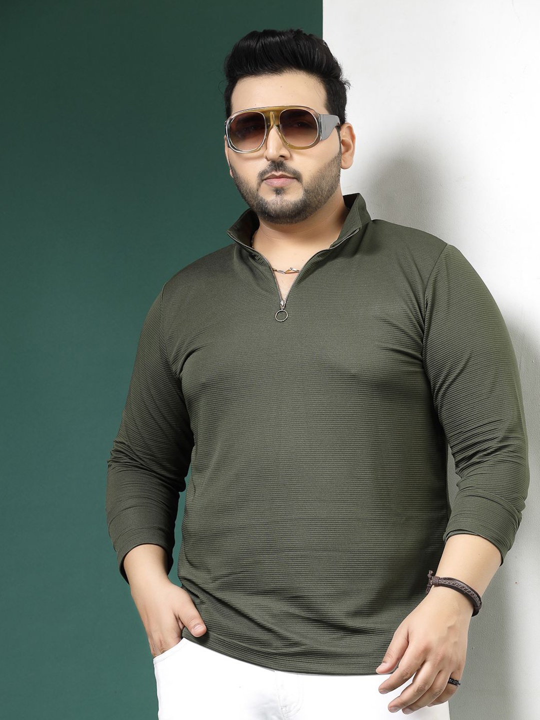 

Rigo Plus Size Slim Fit Striped High Neck Long Sleeves T-shirt, Green