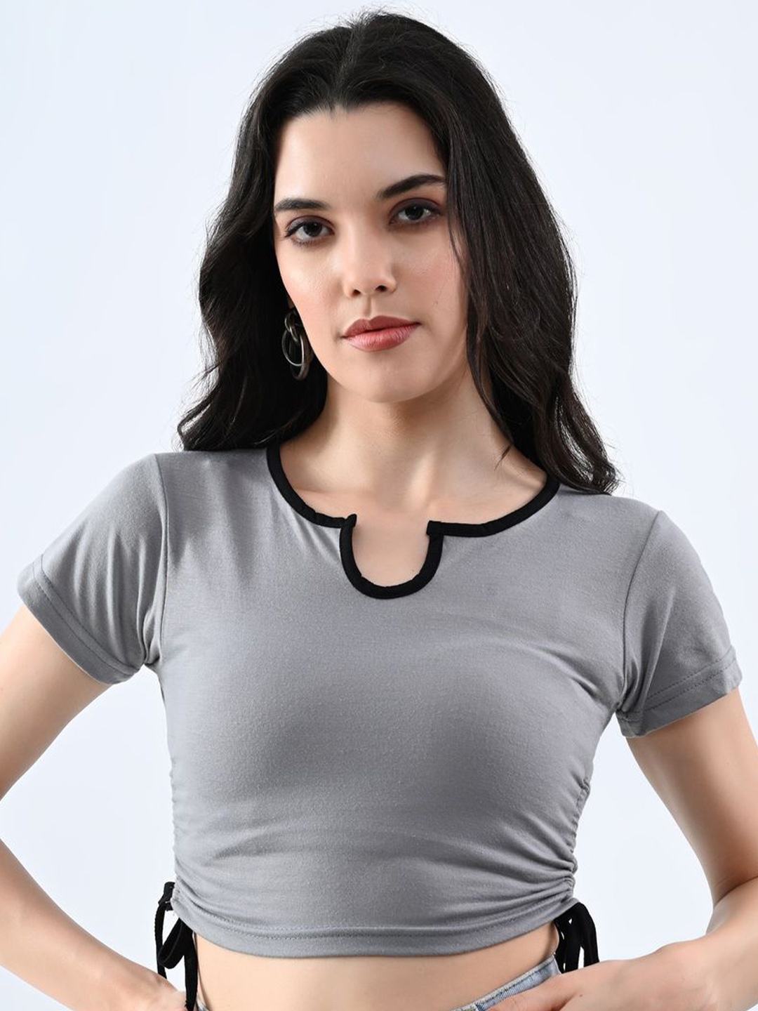 

CLAFOUTIS Women Solid Ruched Round Neck Cotton Top, Grey