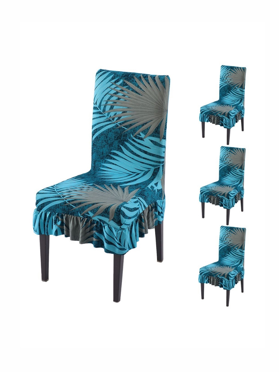 

HOKIPO Set Of 4 Blue Printed Frill Chair Cover