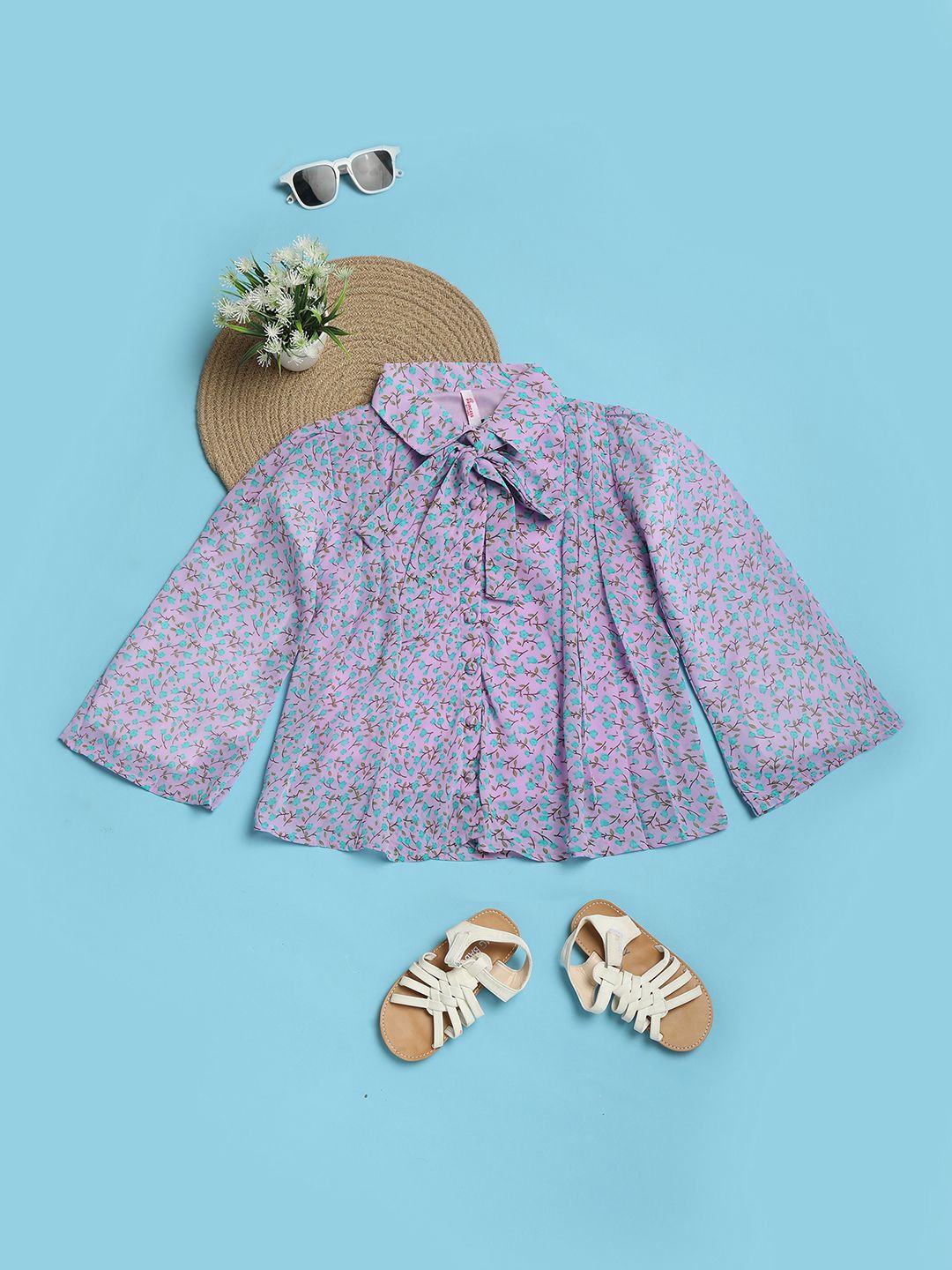 

V-Mart Girls Floral Printed Tie-Up Neck Cotton Top, Purple