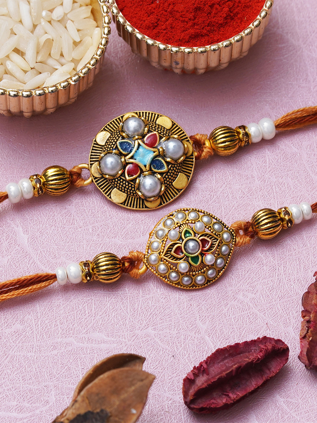 

eCraftIndia Unisex Set of 2 Floral Pearls Designer Rakhi, Gold