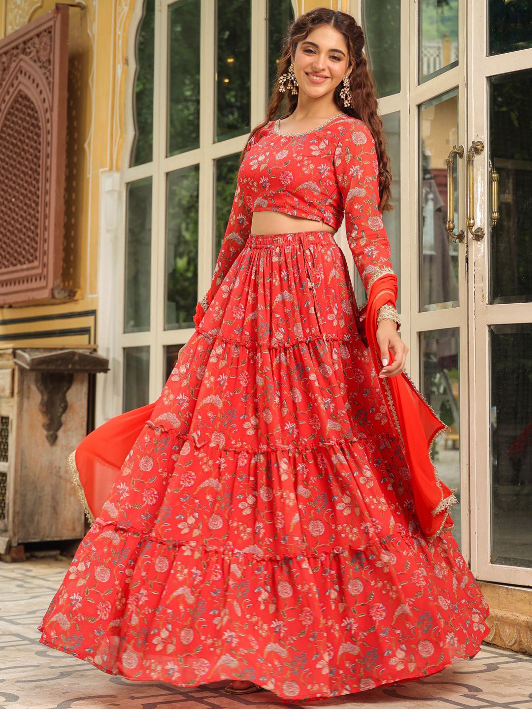 

Janasya Printed Ready to Wear Lehenga & Blouse With Dupatta, Red