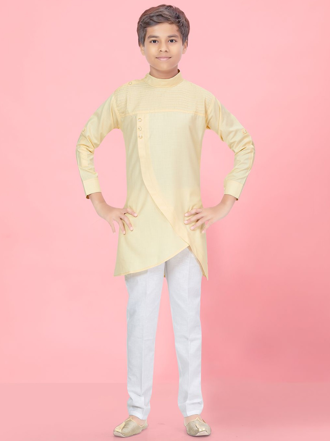 

BAESD Boys Angrakha Mandarin Collar Pure Cotton Asymmetric Straight Kurta With Pyjamas, Cream