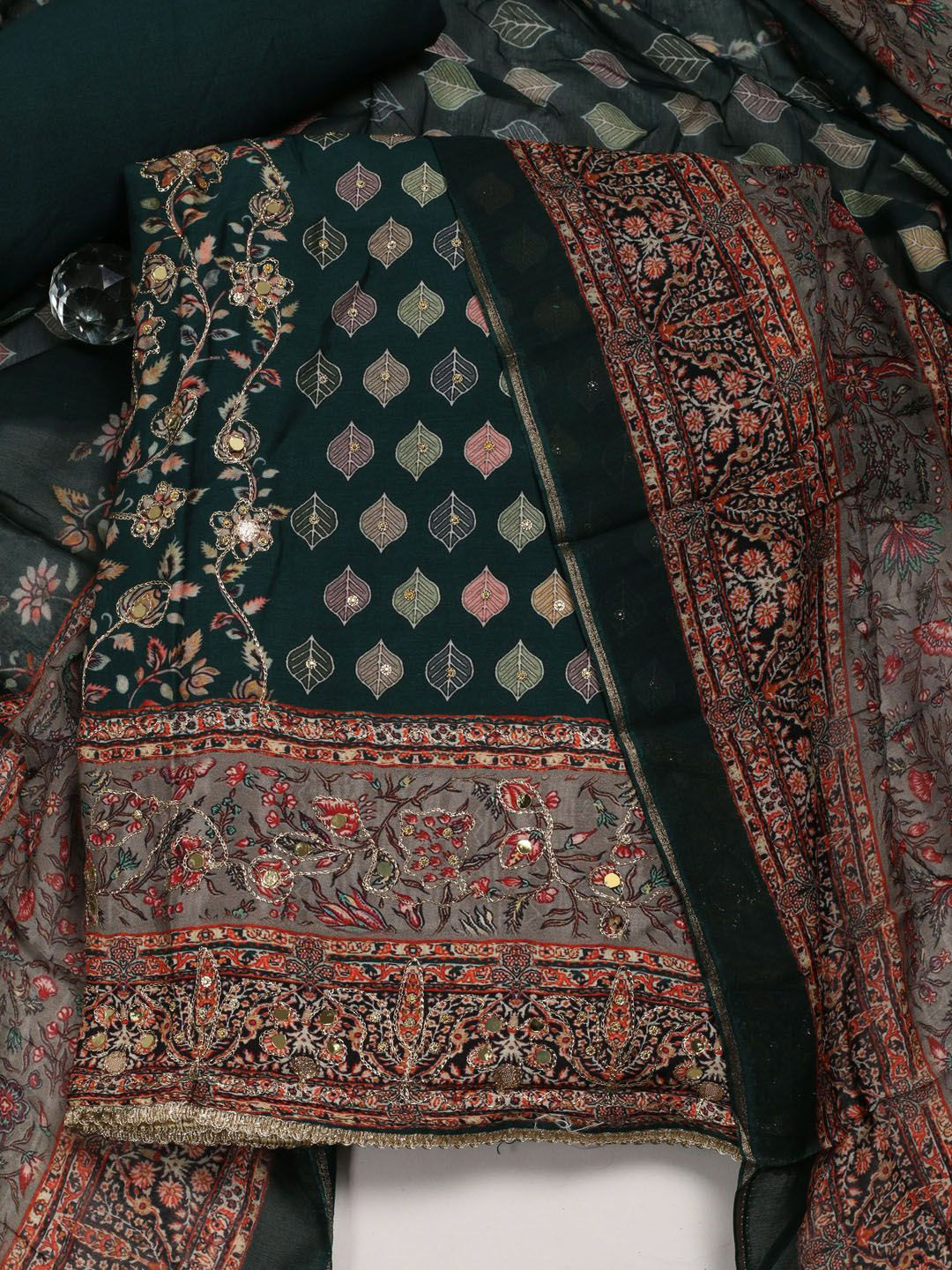 

Meena Bazaar Printed Art Silk Unstitched Dress Material, Green