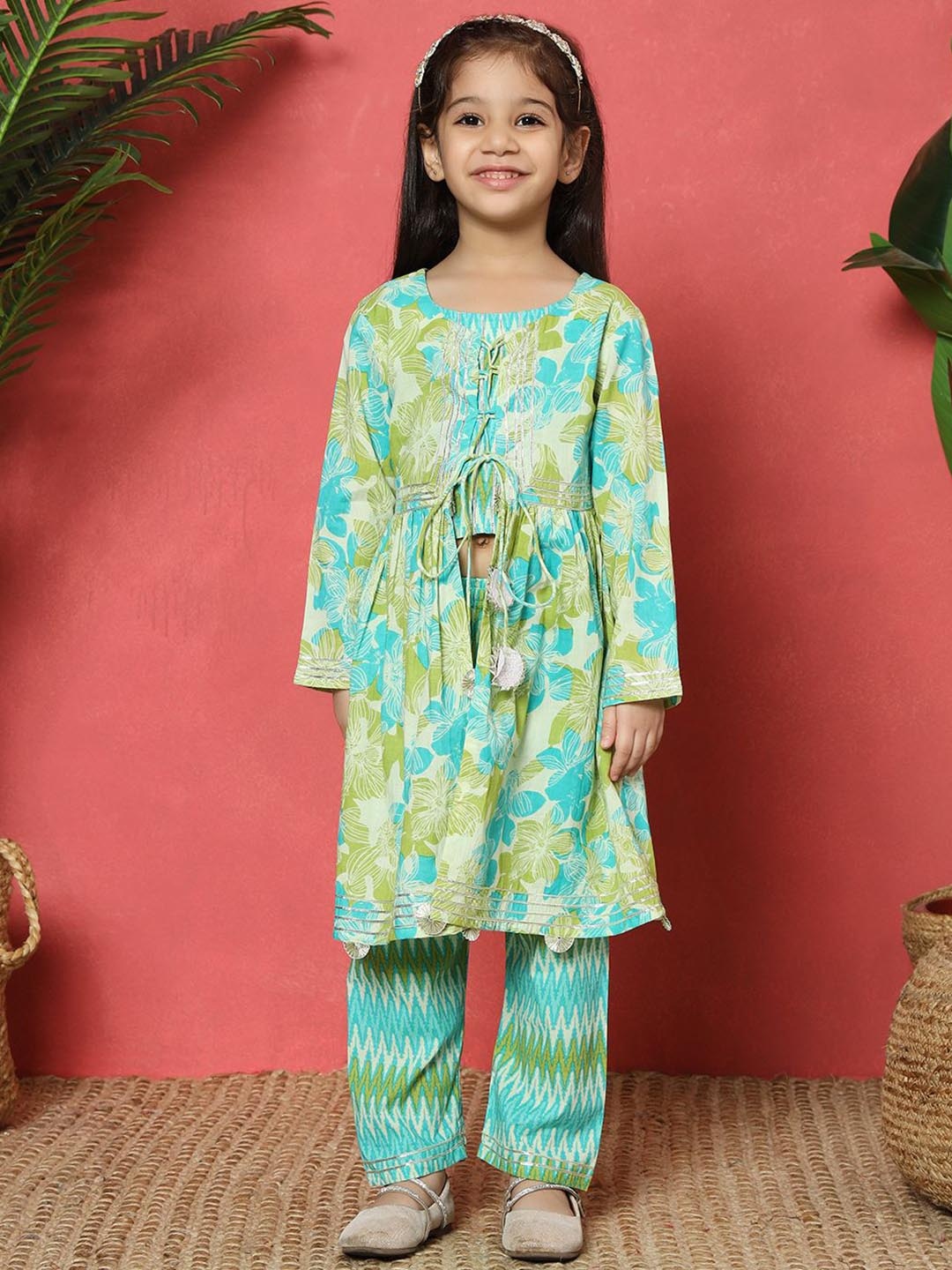

Readiprint Girls Floral Printed Regular Gotta Patti Pure Cotton Top with Palazzos, Green