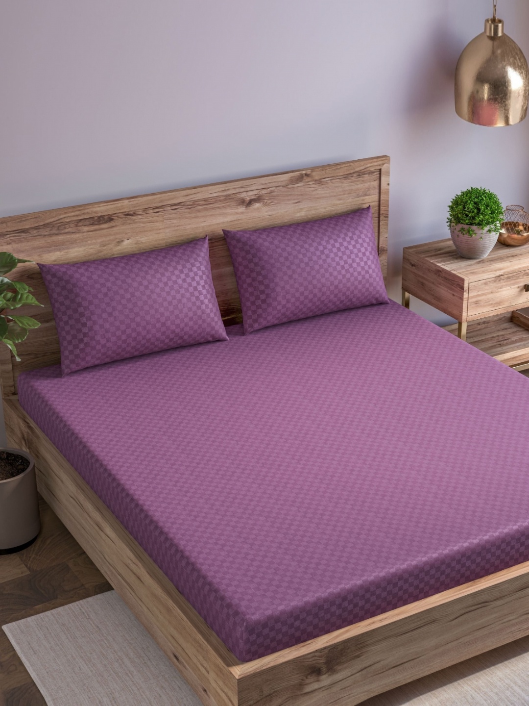 

Trance Home Linen Purple Checks 300 TC King Fitted Bedsheet with 2 Pillow Covers