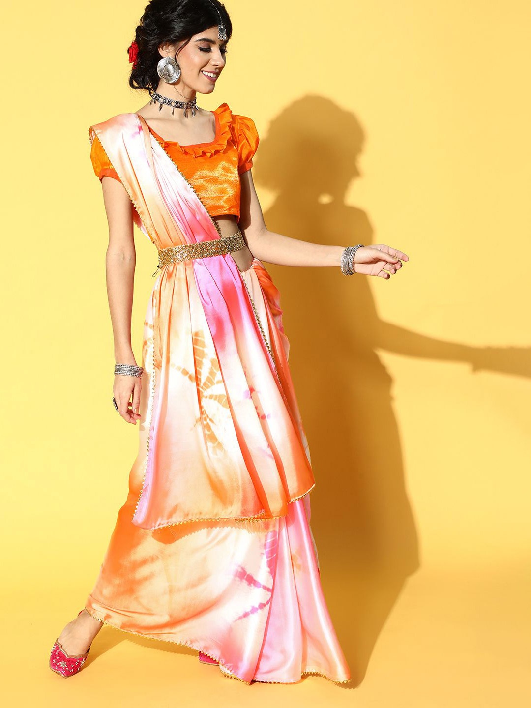 

KIMISHA Tie and Dye Printed Saree With Blouse Piece, Orange