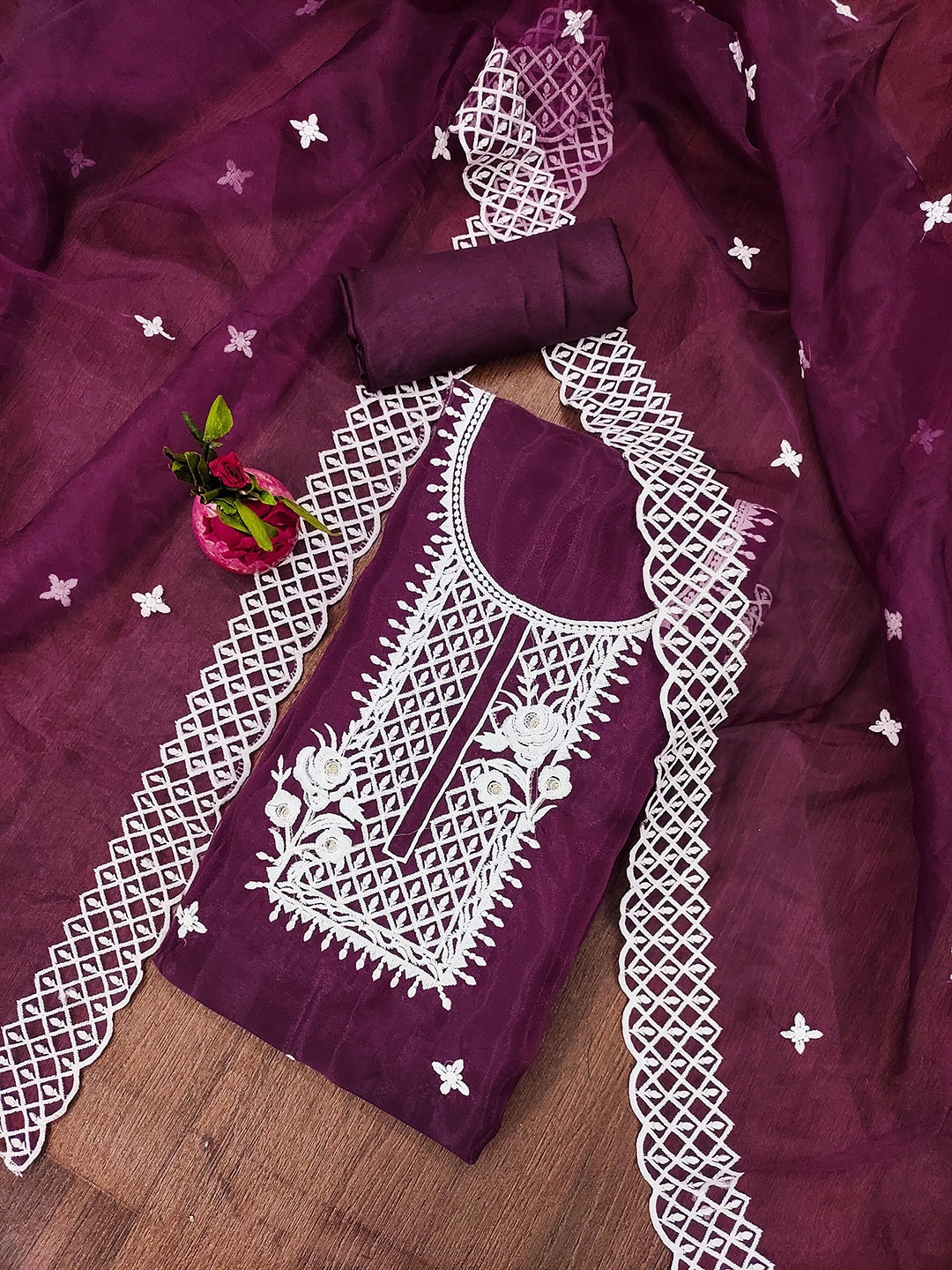 

MANVAA Embroidered Organza Unstitched Dress Material, Purple