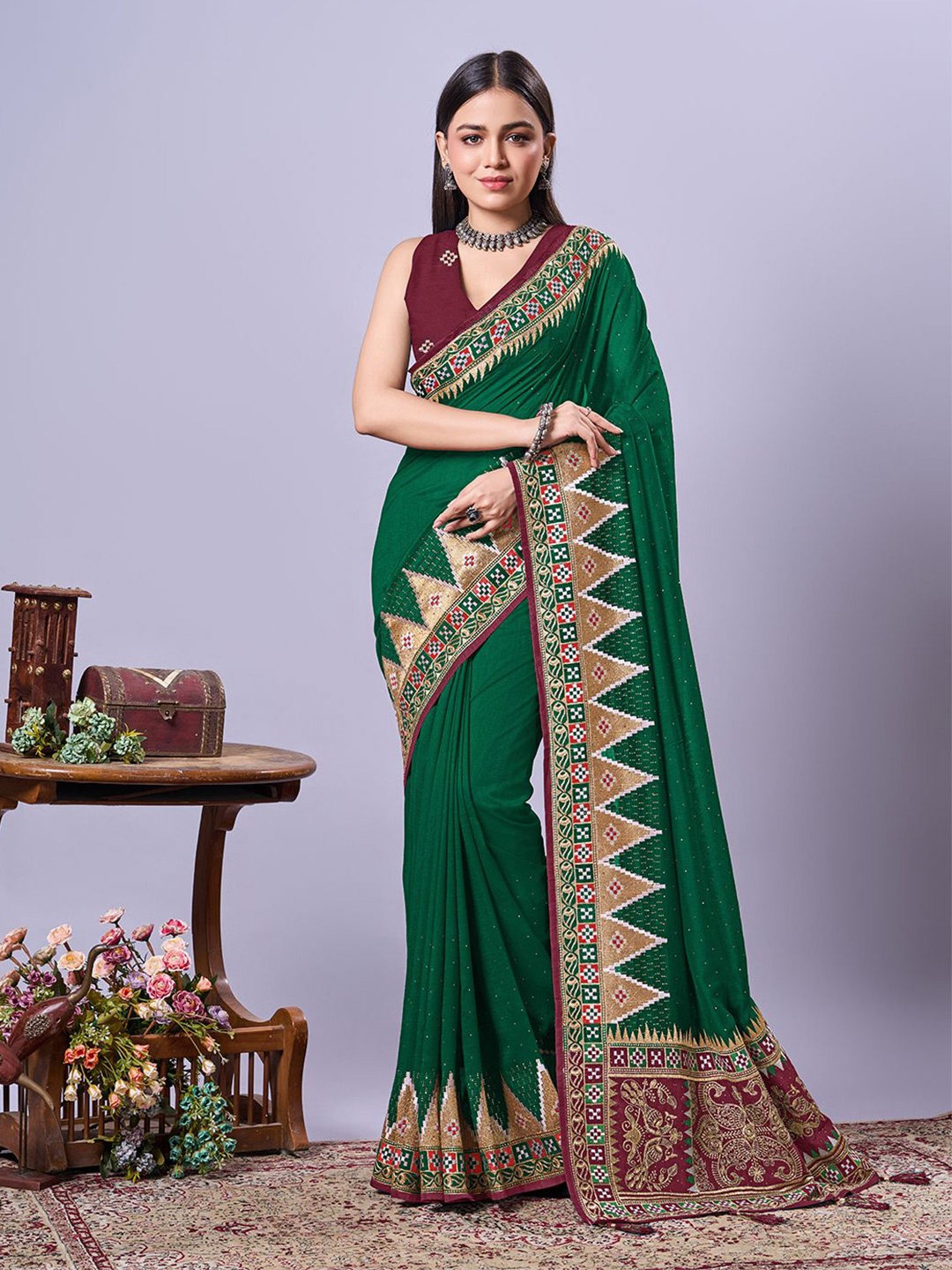 

Kasak Ethnic Motifs Embroidered Silk Blend Sambalpuri Saree, Green