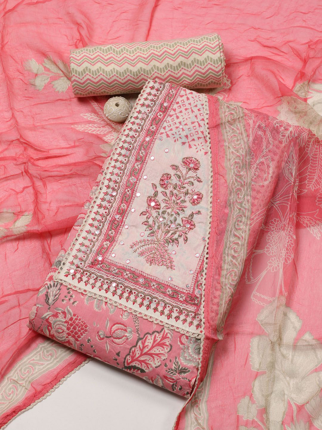 

Meena Bazaar Printed Unstitched Dress Material, Pink