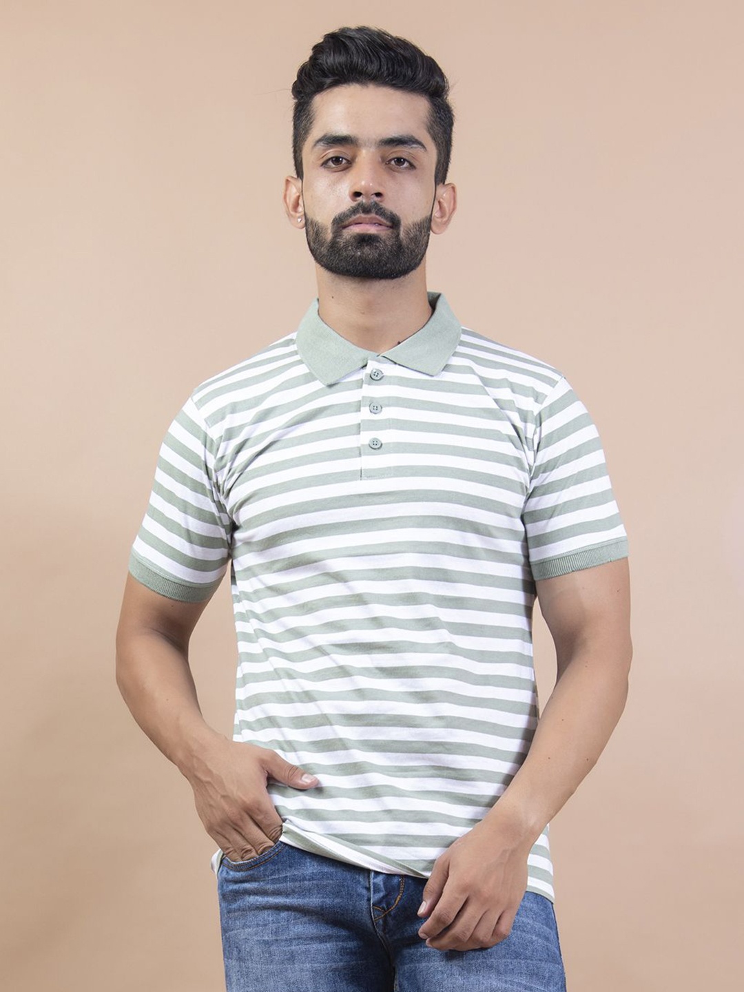 

Tistabene Men Striped Polo Collar Pockets T-shirt, Green