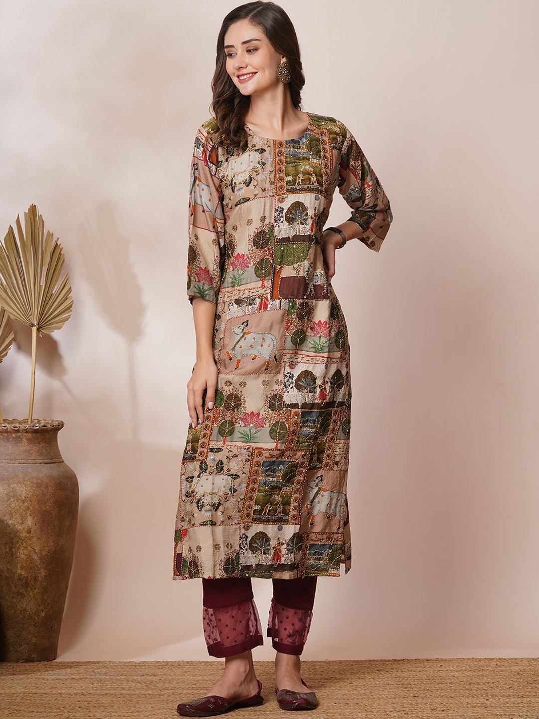 

FASHOR Women Ethnic Motifs Printed Flared Sleeves Thread Work Kurta, Taupe