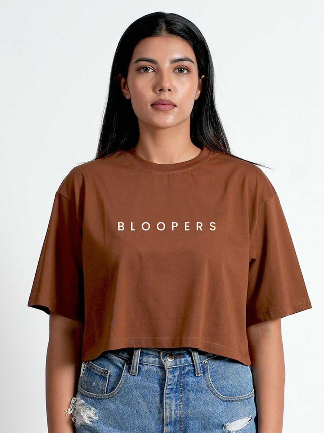 

Bloopers Store Print Extended Sleeves Cotton Boxy Crop Top, Brown