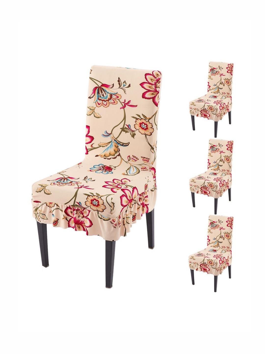 

HOKIPO Set Of 4 Beige Printed Frill Chair Covers