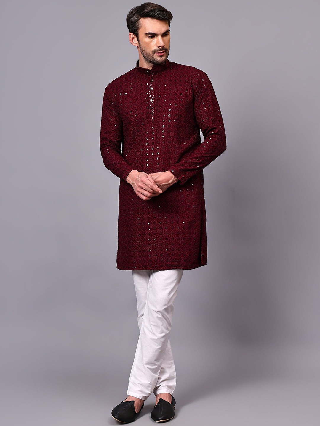 

Yugnik Men Embroidered Regular Chikankari Kurta with Pyjamas, Maroon