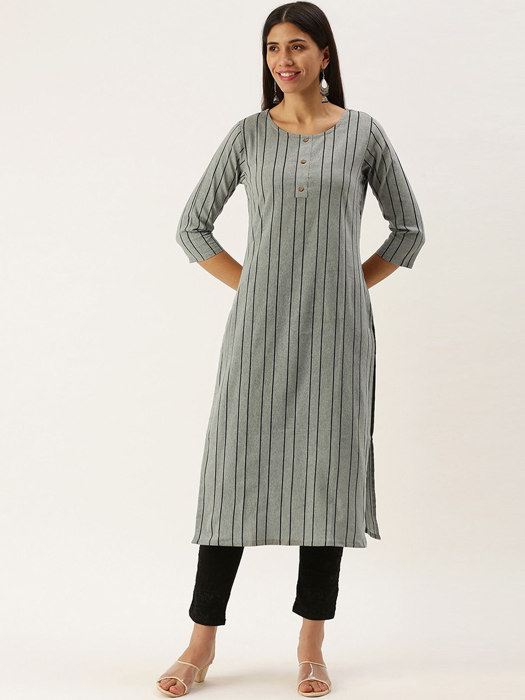 

HRITIKA Women Striped Thread Work Kurta, Grey