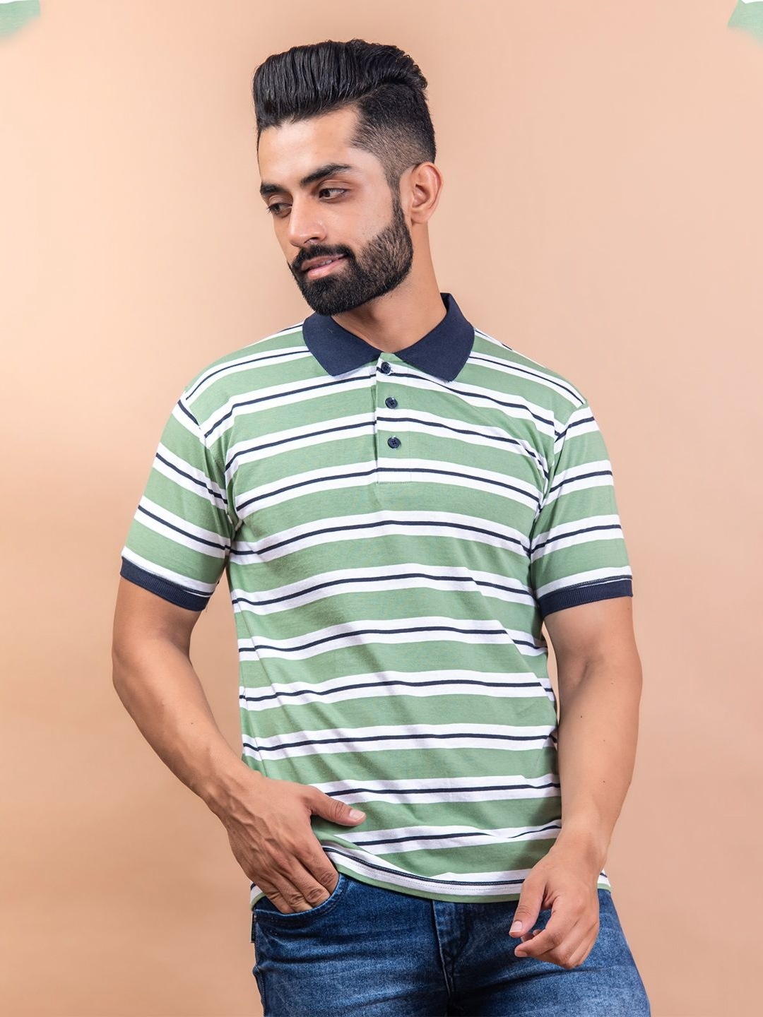 

Tistabene Men Striped Polo Collar Pockets T-shirt, Green