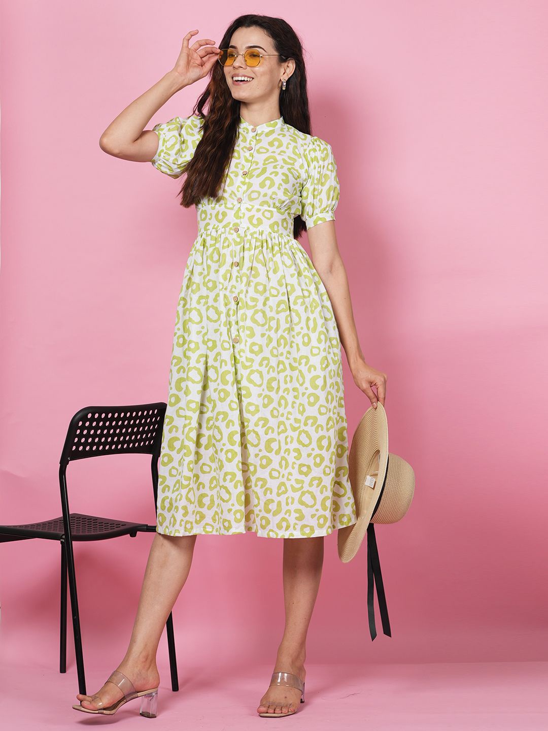 

LABEL KRISHA Abstract Puff Sleeve Fit & Flare Midi Dress, White