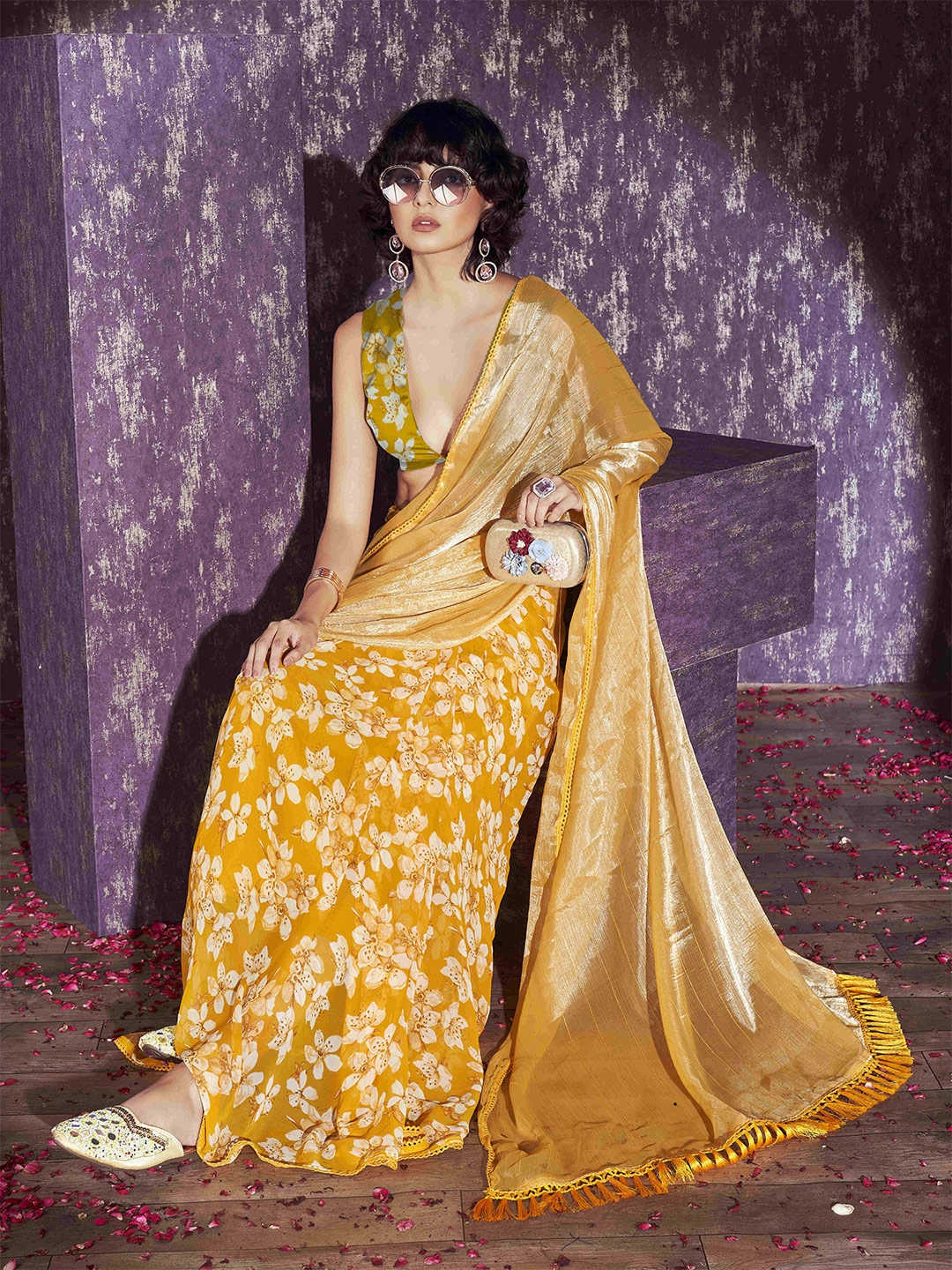 

Tikhi Imli Floral Sequinned Half and Half Saree, Yellow