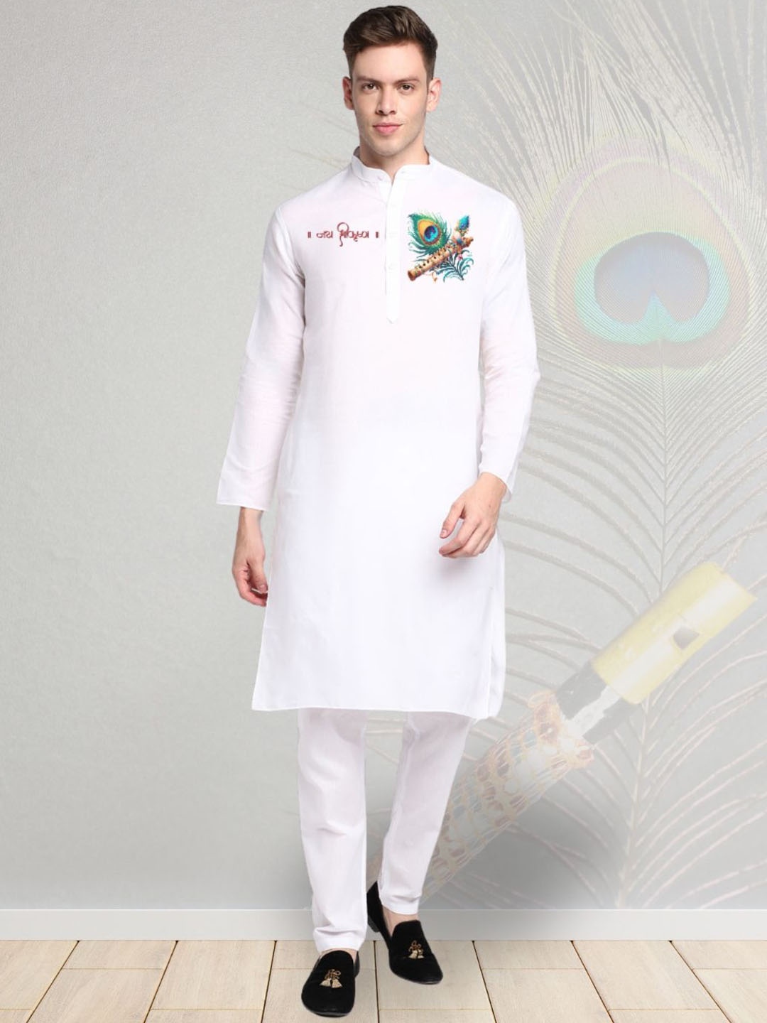 

DEVOILER Ethnic Motifs Digital Printed Mandarin Collar Cotton Straight Kurta, White