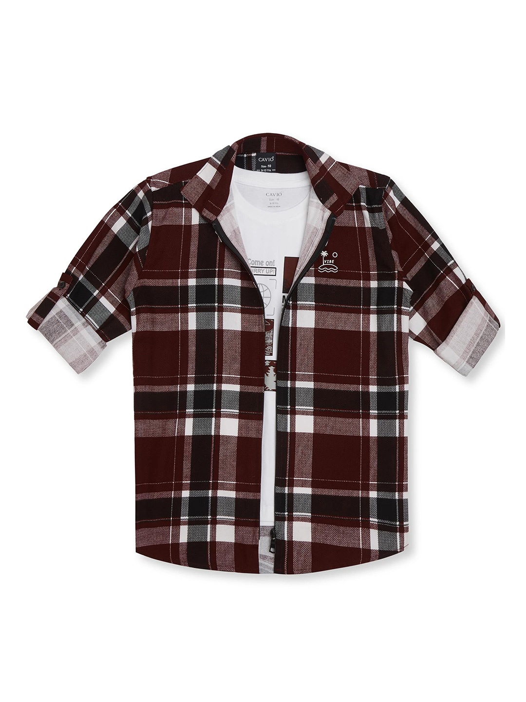 

CAVIO Boys Spread Collar Tartan Checked Cotton Casual Shirts & T-Shirt, Maroon