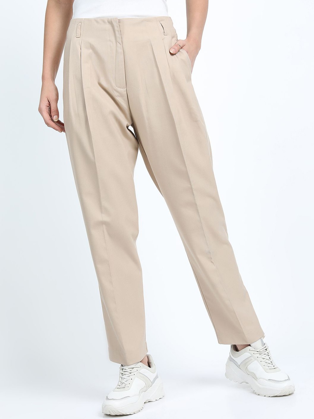 

Tokyo Talkies Women Pleated Chinos Trousers, Beige