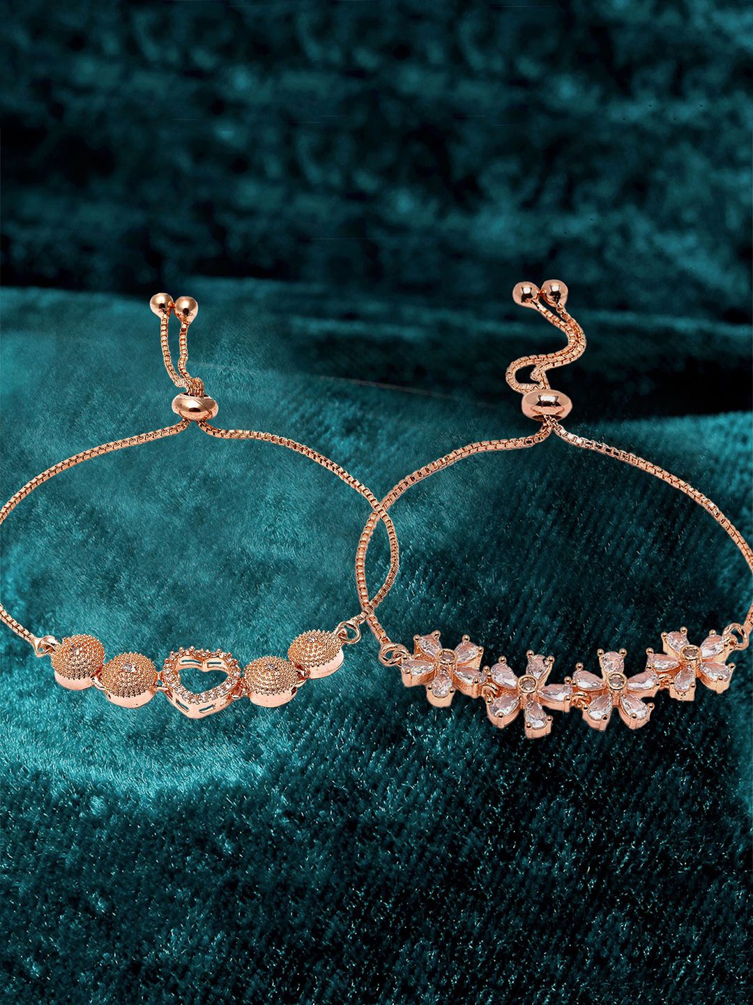 

ZENEME Set Of 2 Rose Gold Plated American Diamond Studded Wraparound Bracelets