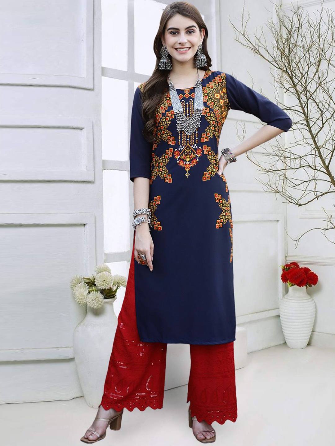 

KALINI Ethnic Motifs Printed Three-Quarter Sleeves Straight Kurta, Blue