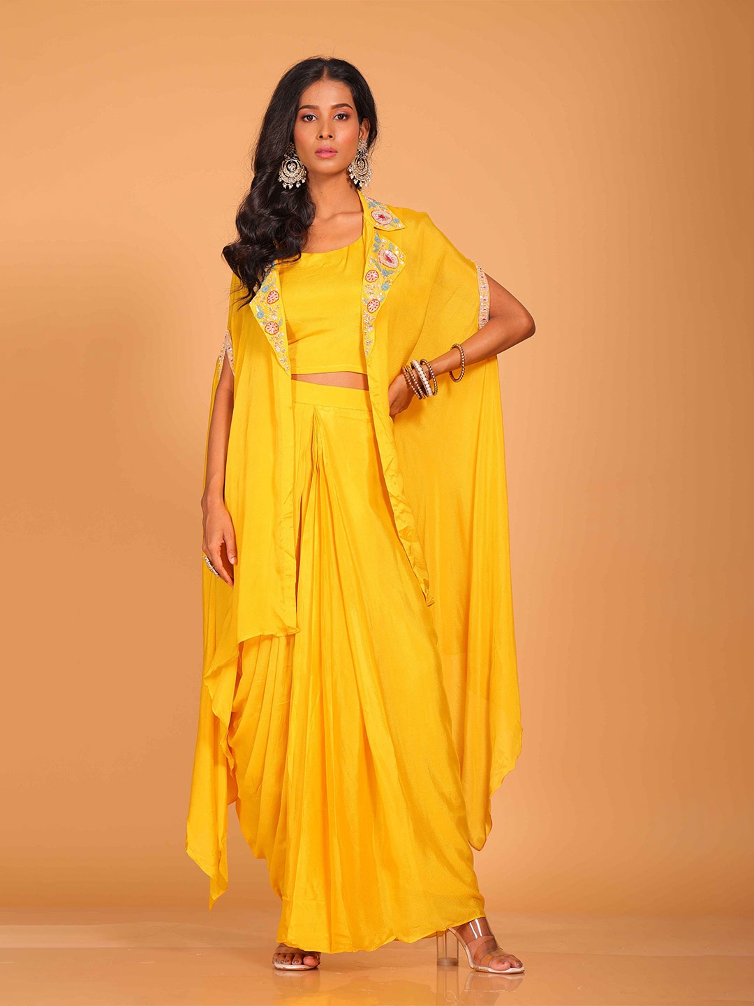 

Morchari Embroidered Crop Top With Skirt & Shrug, Yellow
