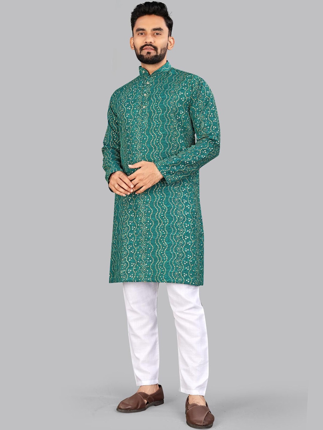 

allan peter Men Geometric Thread Work Pathani Kurta, Green