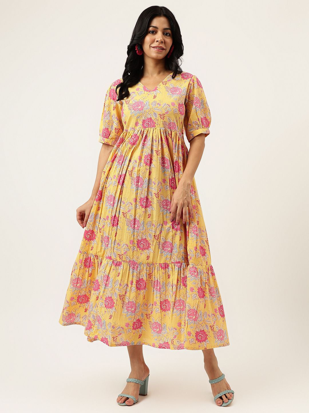 

SPARSA Floral Print Empire Midi Dress, Yellow