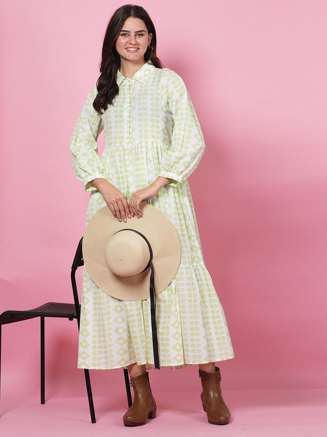 

LABEL KRISHA Printed Puff Sleeve Shirt Midi Dress, Green