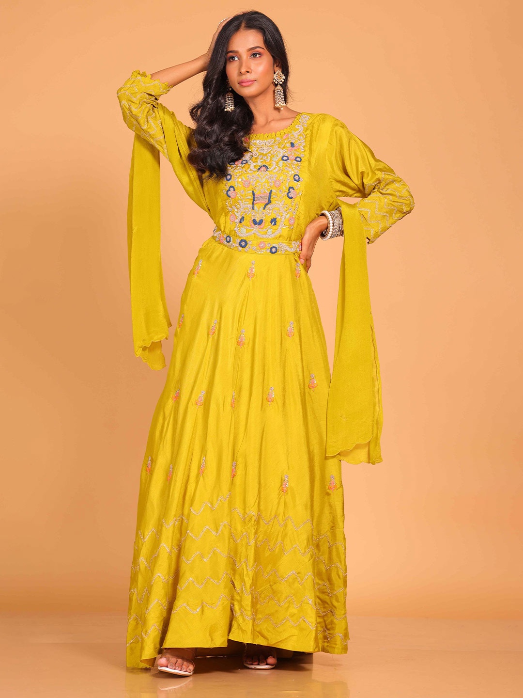 

Morchari Ethnic Motifs Fit & Flare Maxi Ethic Dress With Dupatta, Yellow