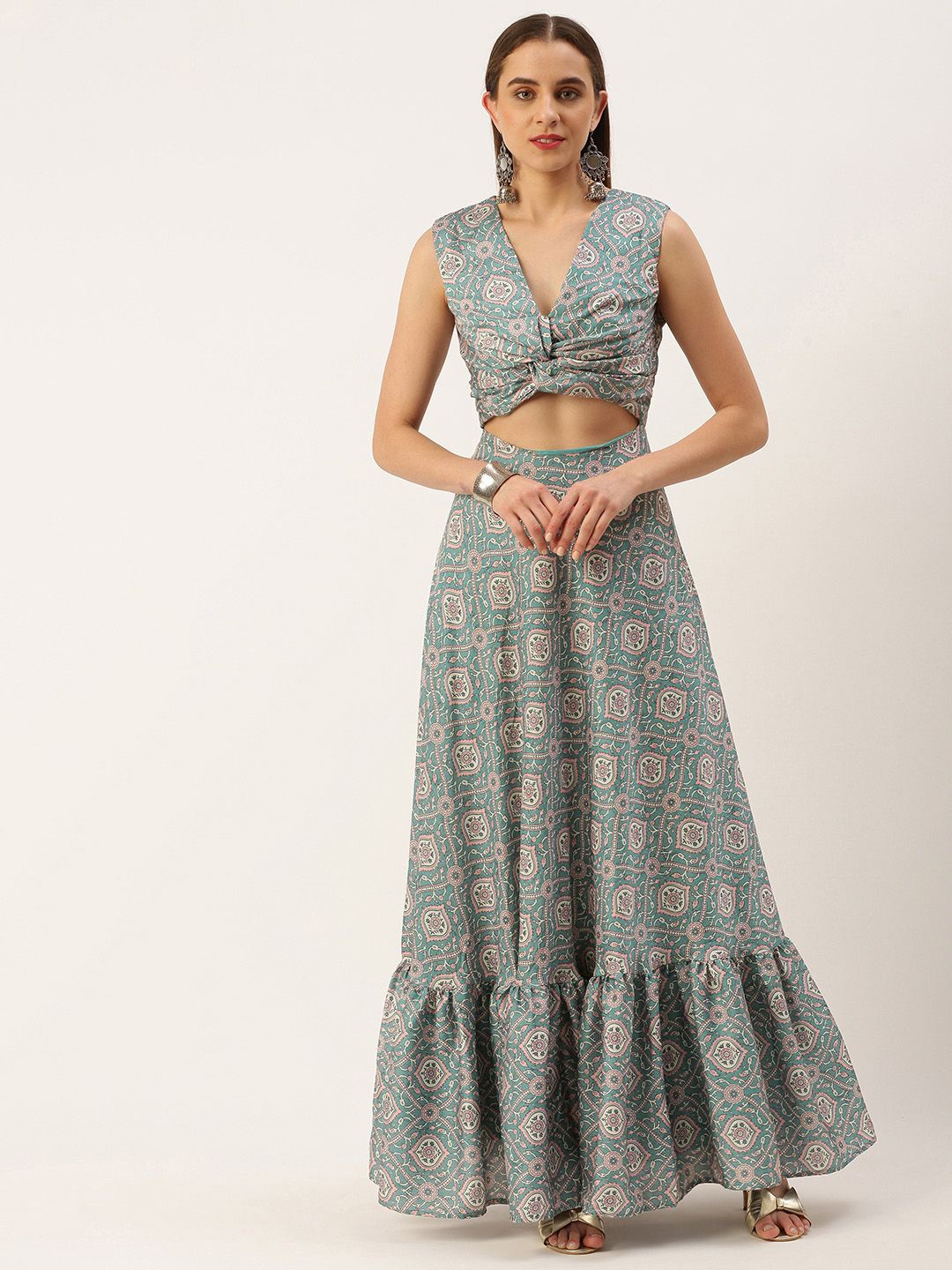 

Ethnovog Floral Printed Cut-Out Satin Maxi Dress, Green