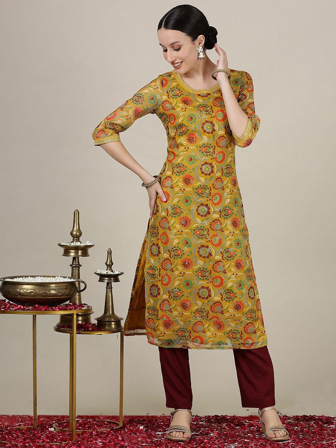 

AURELIA Women Ethnic Motifs Printed Sequinned Kurta, Yellow