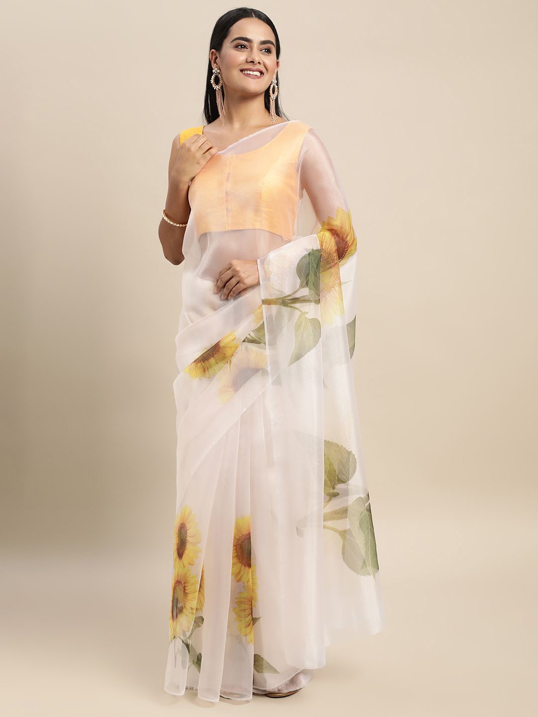 

KIMISHA Printed Floral Organza Saree, Cream