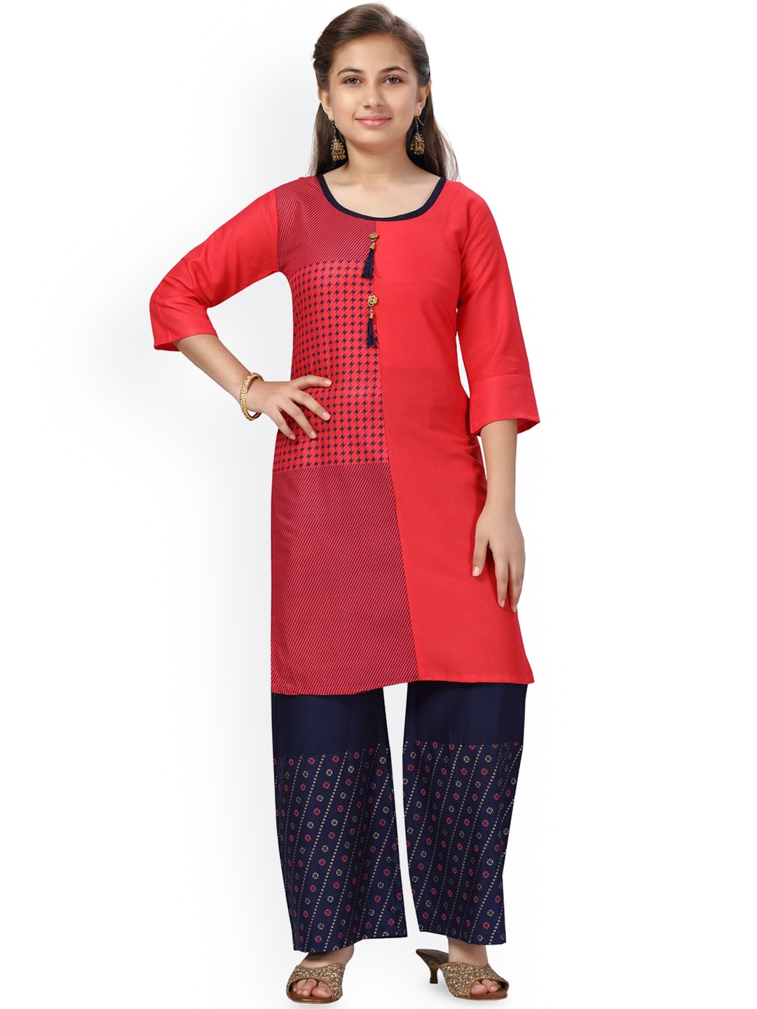 

BAESD Girls Printed Regular Pure Cotton Kurta with Palazzos, Red