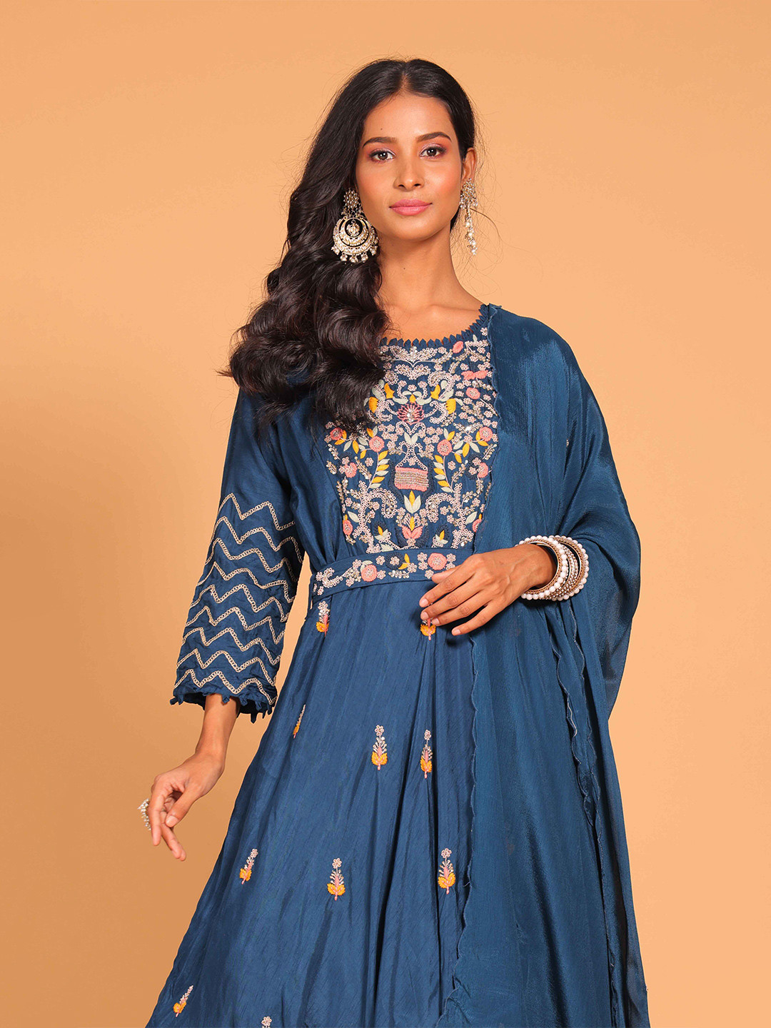 

Morchari Ethnic Motifs Fit & Flare Maxi Ethic Dress With Dupatta, Blue