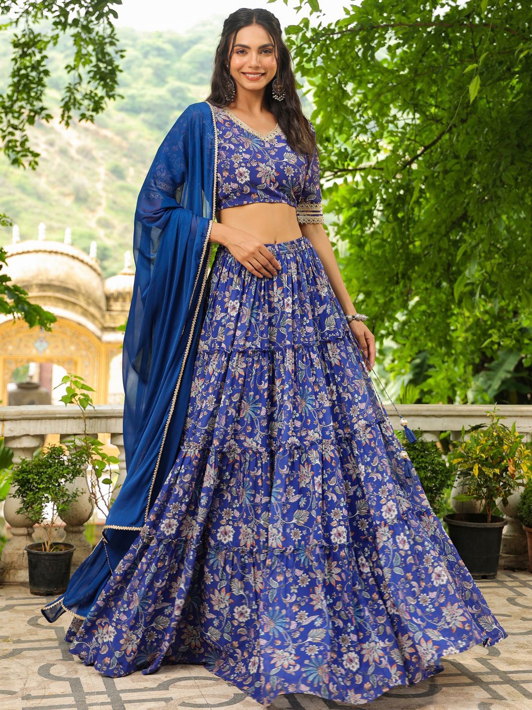 

Janasya Printed Ready to Wear Lehenga & Blouse With Dupatta, Blue