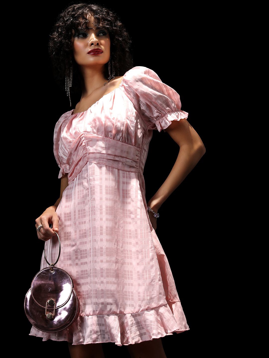 

Tokyo Talkies Checked Sweetheart Neck Fit & Flare Dress, Pink